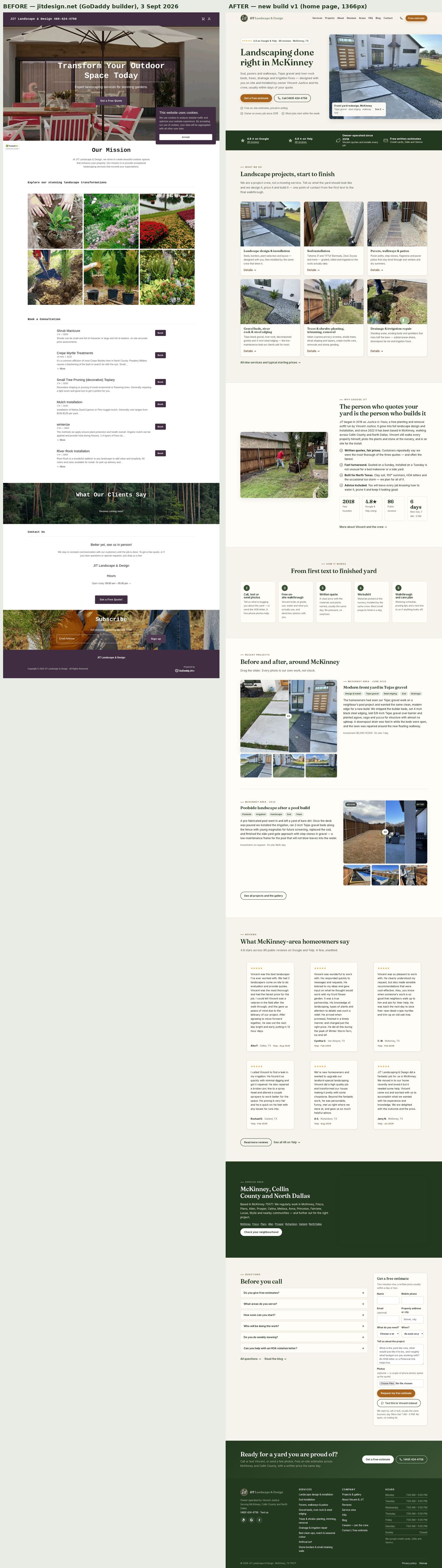 Side by side: JIT’s existing website and a GXB redesign with a location-focused headline, estimate buttons, project stories, and customer proof