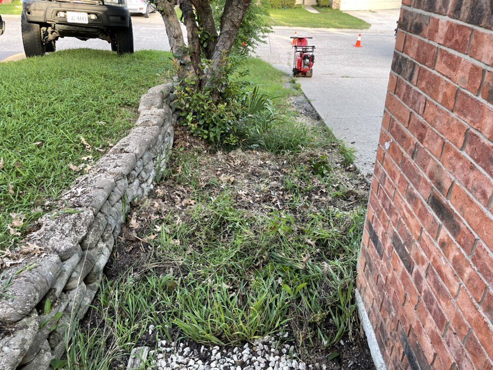 After: cleared side yard with reset stone border and gravel